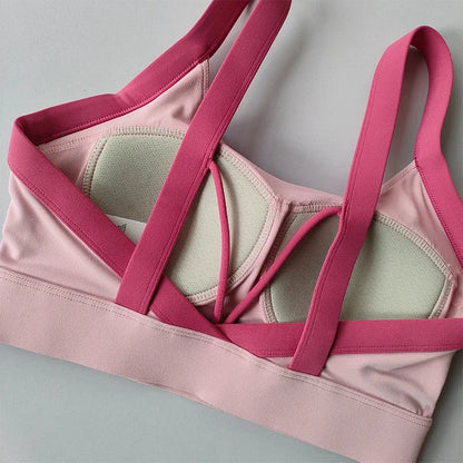 High Intensity Color Blocking Cross Back Integrated Yoga Set 2PCS Sports Underwear High Waist and Hip Lifting Fitness Leggings
