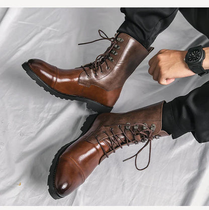 Men Lace Up High-top Boots Fashionable Outdoor Black Combat Boots