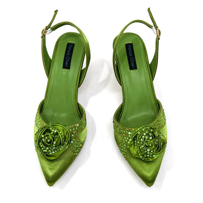 Elegant Rhinestone-Embellished Brown Heeled Shoes and Handbag Set for Women with Floral Decoration – Perfect Small Size Fashion