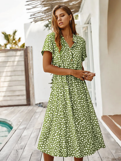 Vintage Floral Print Dress Women Boho Short Sleeve Long Dress Turn Down Collar Casual Waistband Shirt Dresses Robe 2021 Summer