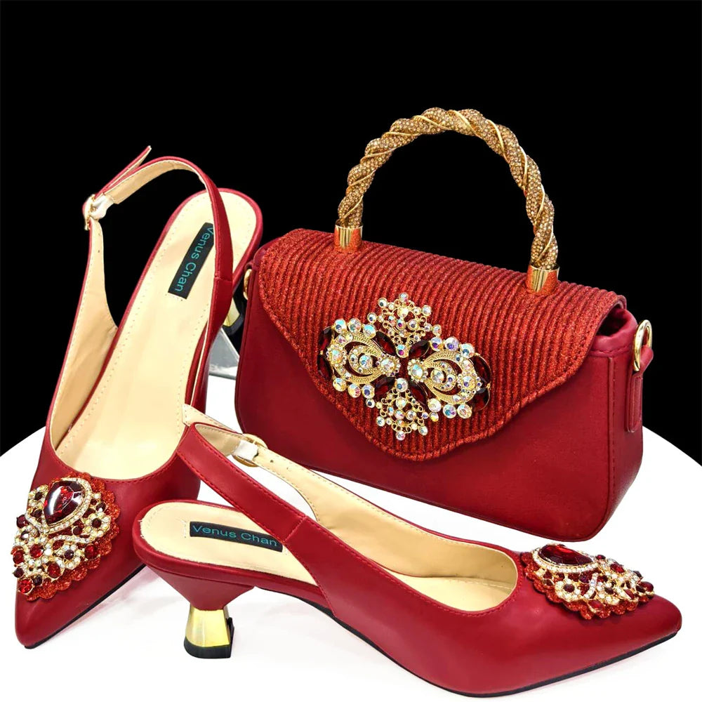 Latest Wedding Pointed Toe Women's Shoes High Heel White Color Rhinestones Party Ladies Shoes And Bag Set