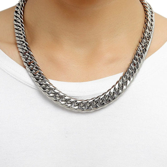 Stainless Steel LA Cuban Link Chain Silver Color Necklace For Men Jewelry 8/10/12/14MM Width Hip Hop Punk Accessories