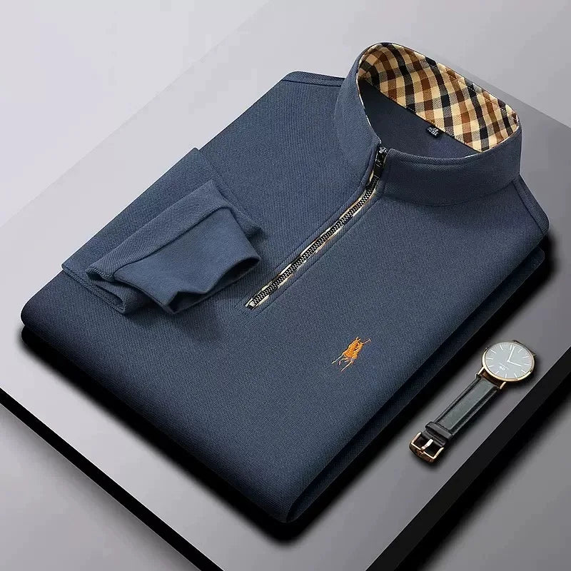 Luxury new Half Zipper Long Sleeve T-shirt 100% Cotton Brand Embroidered Stand Collar Men's Clothing Autumn Casual polo shirt