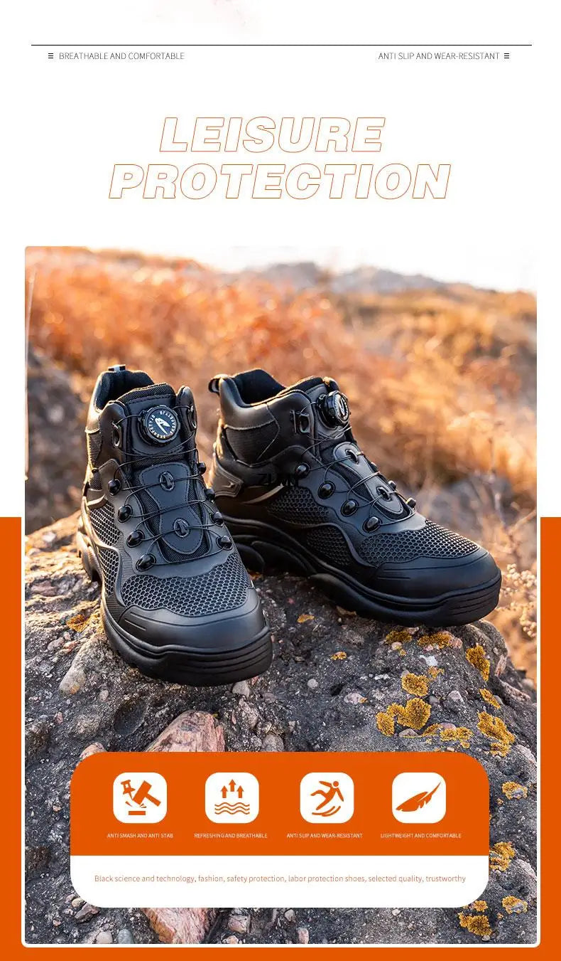 Construction Work Boots Men Steel Toe Safety Shoes Rotated Button Anti-smash Puncture Proof Sneakers Man High Top Security Boot