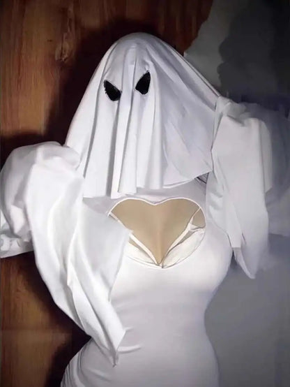 Hollow Ghost Dress Halloween Uniform Temptation Dress Backless Deep V Long Sleevess Dress Elegant Charming  5DZW