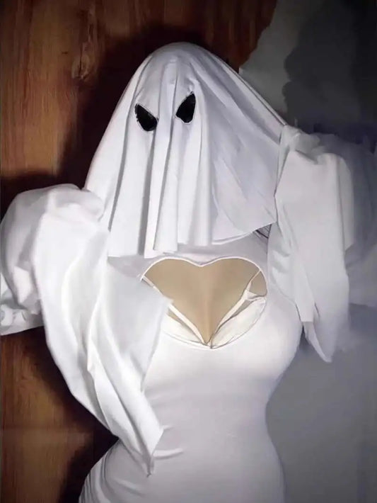 Hollow Ghost Dress Halloween Uniform Temptation Dress Backless Deep V Long Sleevess Dress Elegant Charming  5DZW