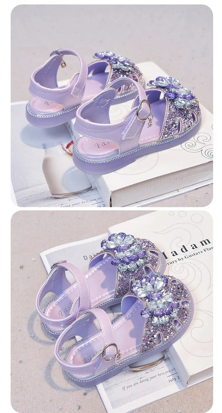 Girls Crystal Slip-On Shoes Soft Bottom Rhinestone Princess Flats Spring Autumn New Style Kids Lightweight Sweet Leather Shoes