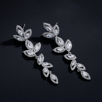 Luxury Polish Best Selling Leaf CZ Long Drop Earrings for Women Elegant AAA Zircon Bridal Earring  Wedding Party Jewelry