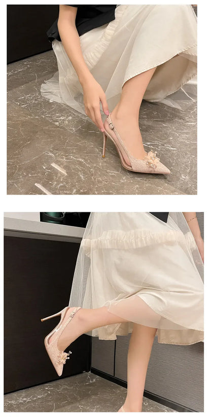 French Flower Wedding Shoes Women's Thin Heel Pointed Head High Heel Fashion Bag Head Summer Women's Sandals