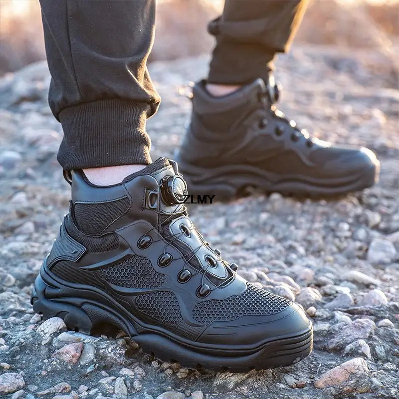 Construction Work Boots Men Steel Toe Safety Shoes Rotated Button Anti-smash Puncture Proof Sneakers Man High Top Security Boot