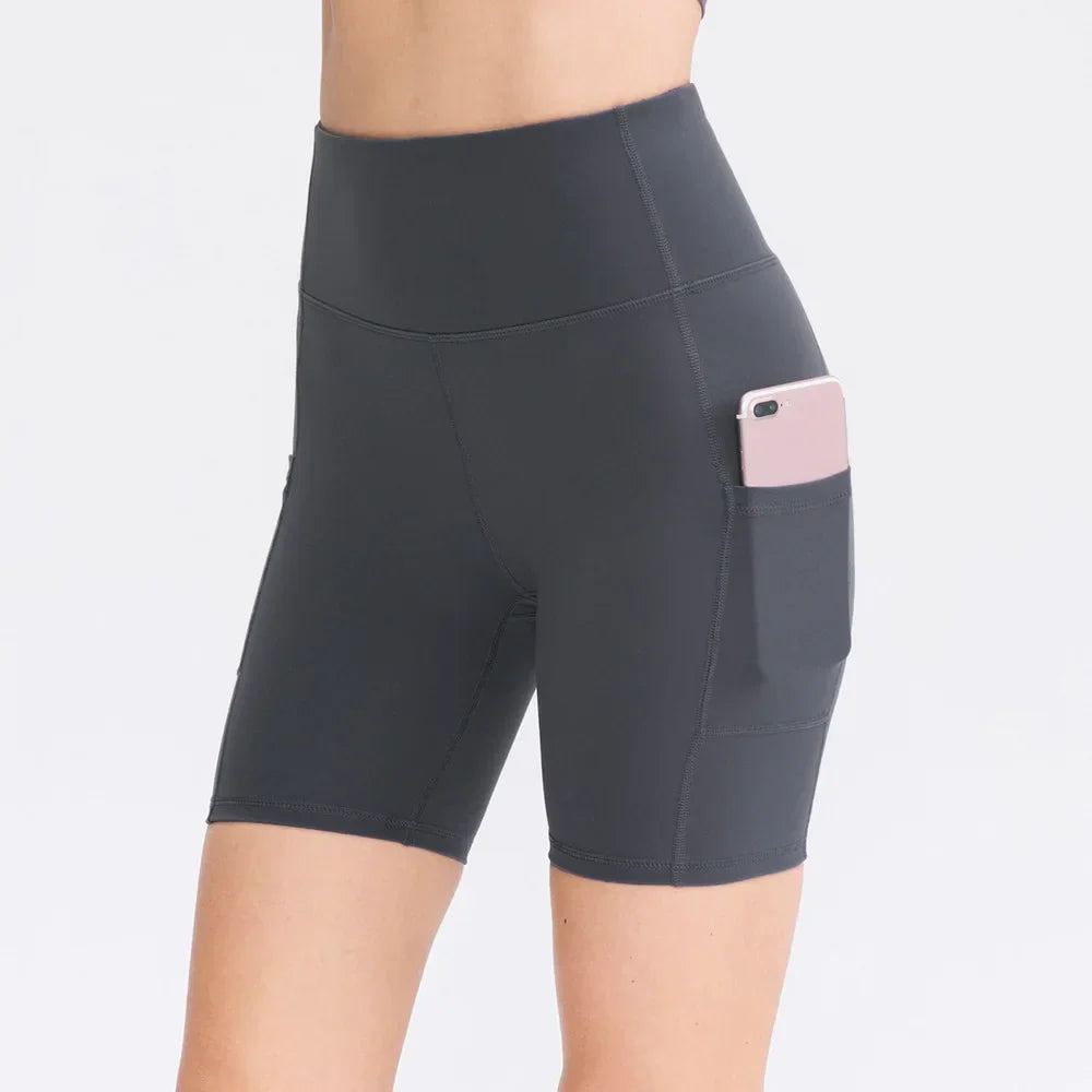 Women's printed nude yoga shorts with pockets skin-friendly tight stretch quick-drying sports fitness hiking running shorts