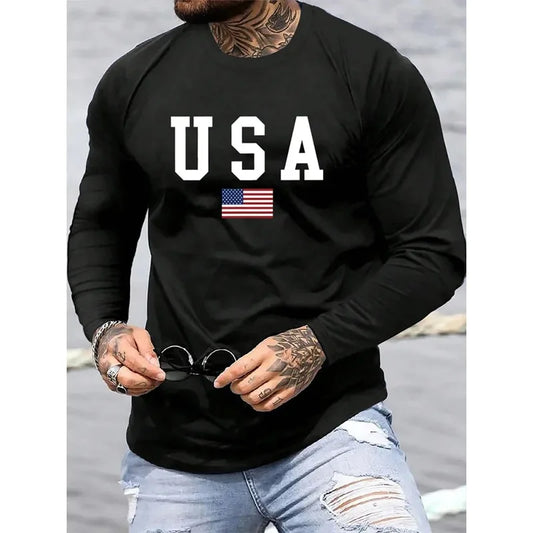 2026 American Flag Print Men's Long Sleeve T-shirt, Autumn and Winter Daily Warm Men's Shirt, Street Fashion T-shirt