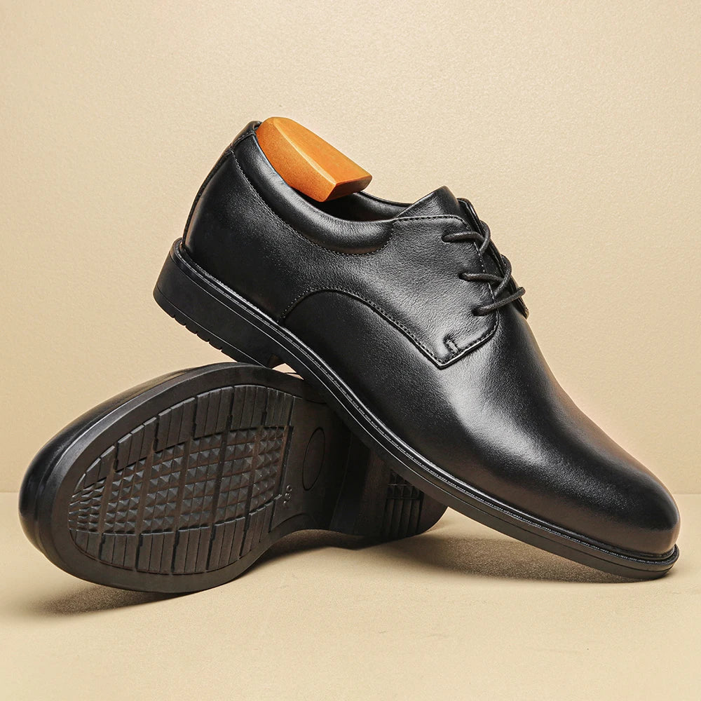 Men's Black Formal Dress Shoes Genuine Cow Leather Derby Shoes Pigskin Lined Ultra Soft Rubber Sole Formal Footwear
