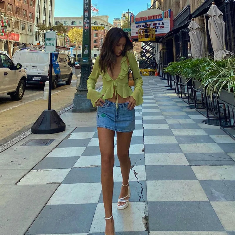 2025 Women Fungus Lace Solid See Through Silk Flare Sleeve V Neck Crop Tank Fashion Casual Sweet Girl Top