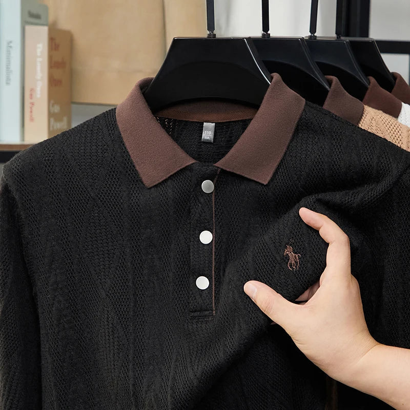 Men's Autumn and Winter Light Luxury 100% Cotton Men's Embroidered Knitted T-shirt Casual Business Sweater Polo Shirt