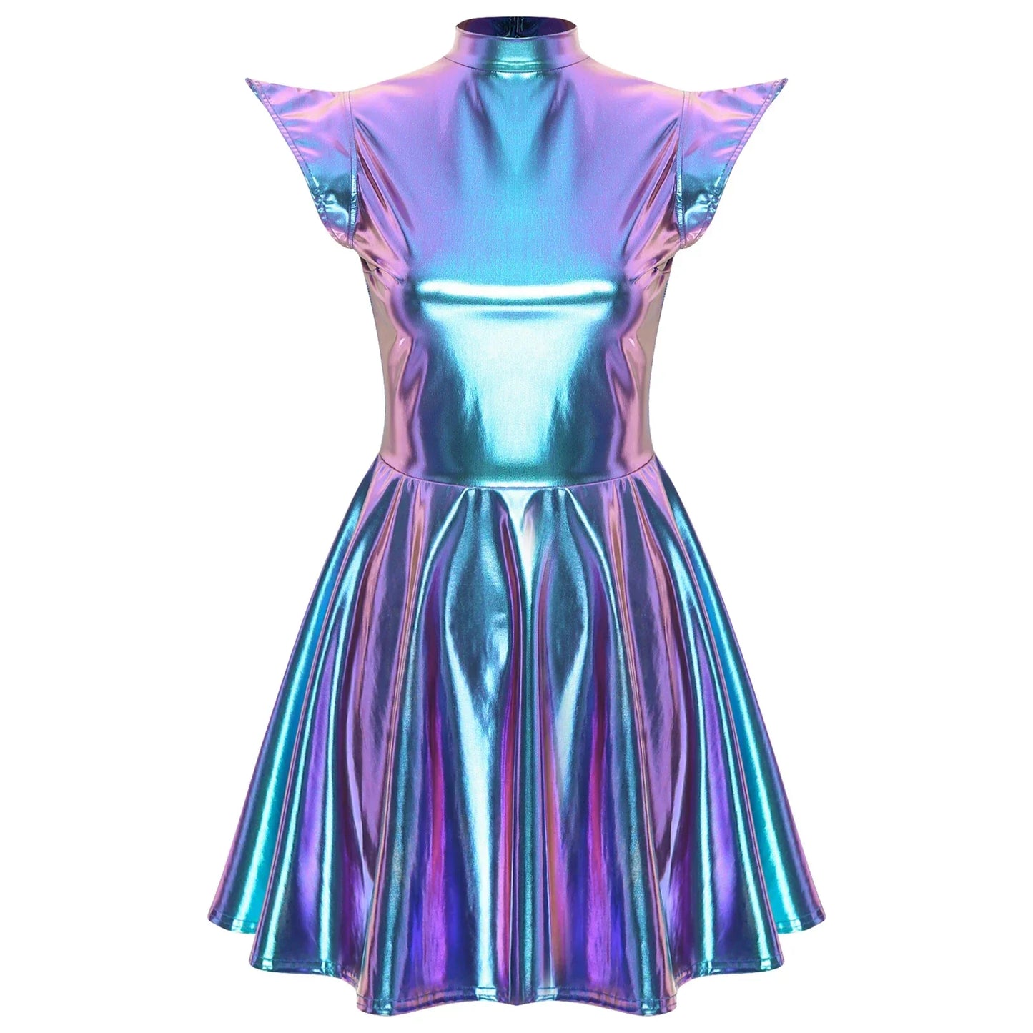 Womens Cocktail Dress Shiny Metallic Dress Alien Space Cap Sleeve High Waist A-line Dress for Halloween Party High Street Dress