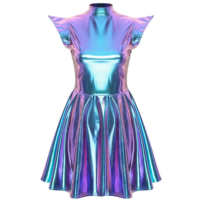 Womens Cocktail Dress Shiny Metallic Dress Alien Space Cap Sleeve High Waist A-line Dress for Halloween Party High Street Dress