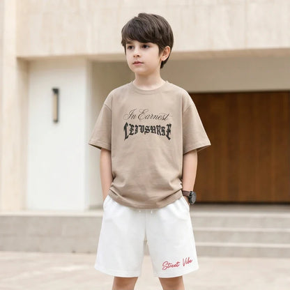 2Pcs Boys Cotton Summer Outfit Gothic Street Style Print T-shirt and Shorts Casual Sportswear for Kids 3-14Y RZ29