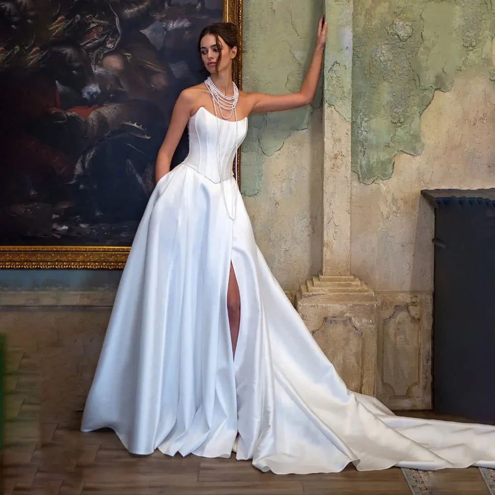 Satin Strapless A-Line Wedding Dress Backless Corset Evening Dress  فستان ماركه свадебное платье