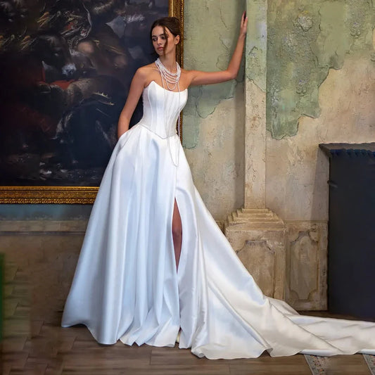 Satin Strapless A-Line Wedding Dress Backless Corset Evening Dress  فستان ماركه свадебное платье