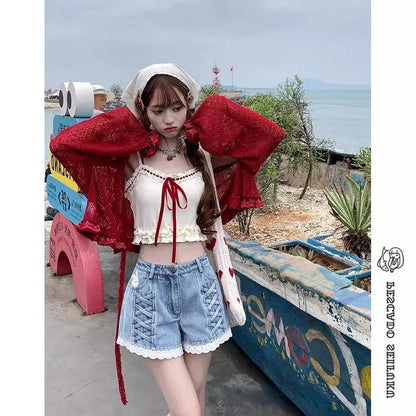 Fashion Sweet Denim Shorts Cartoon Embroidery Lace Patchwork High Waist Jeans Summer All Match Preppy Style 2025 Women Clothing