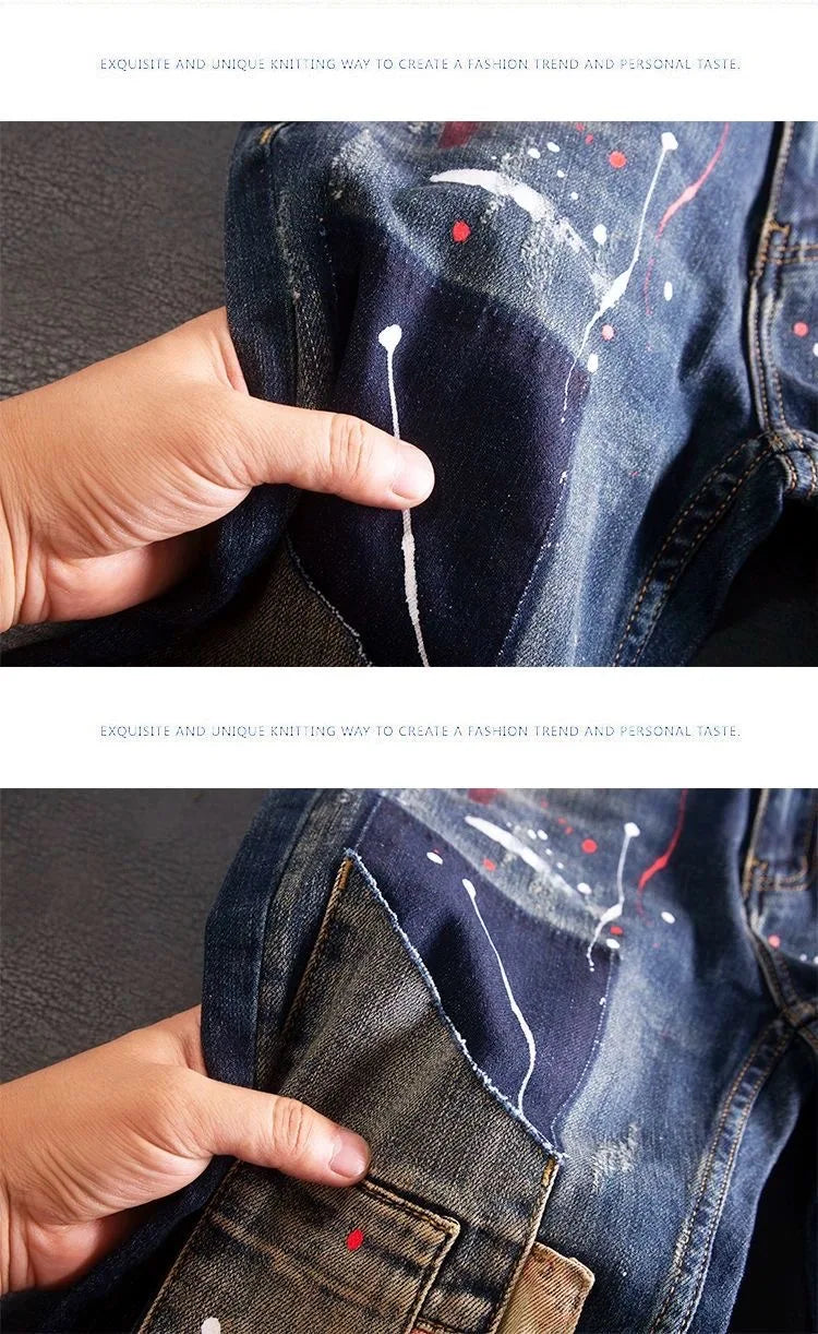 2024 Spring and Autumn New Fashion Trend Printed Straight Leg Stretch Jeans Men's Casual Loose Comfortable High Quality Pants