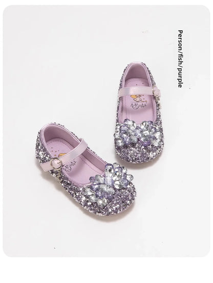 Girls Crystal Slip-On Shoes Soft Bottom Rhinestone Princess Flats Spring Autumn New Style Kids Lightweight Sweet Leather Shoes