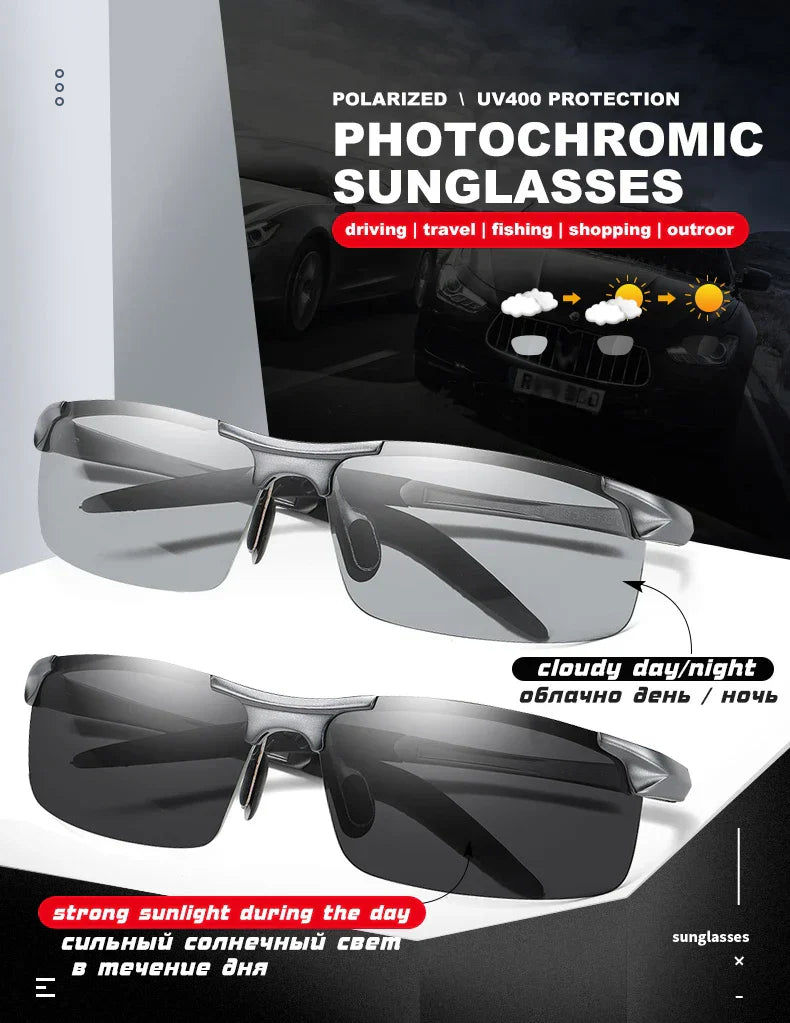 Aluminum Photochromic Sunglasses Men Polarized Day Night Driving Chameleon Glasses Anti-Glare Change Color Sun Glasses UV