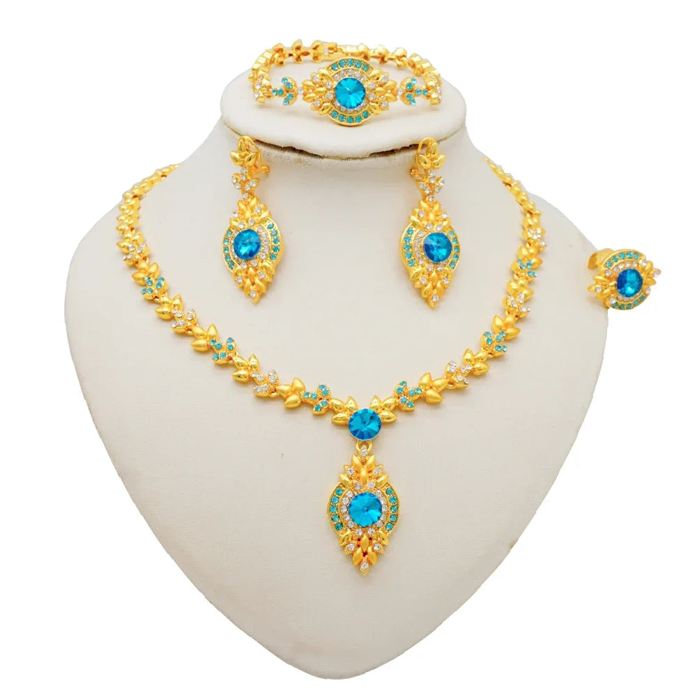 Women Gold Color Jewelry Sets Blue Pendant Necklace Earrings Bracelet Ring Sets Party Gifts
