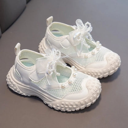 Girls Sports Sandals Sweet Lace Bows Beading Kids Casual Shoes Mesh Breathable Soft 2026 Summer New Children Princess Sandals