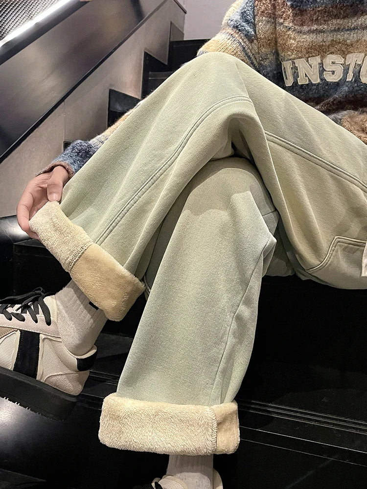 Calça Jeans Masculina de Inverno Coreana Forrada com Lã Grossa Quente Reta Denim Lavado Algodão Azul Retrô Larga Pantalona
