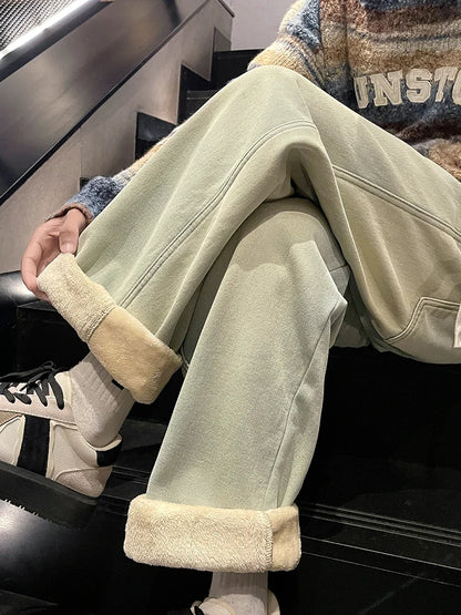 Calça Jeans Masculina de Inverno Coreana Forrada com Lã Grossa Quente Reta Denim Lavado Algodão Azul Retrô Larga Pantalona
