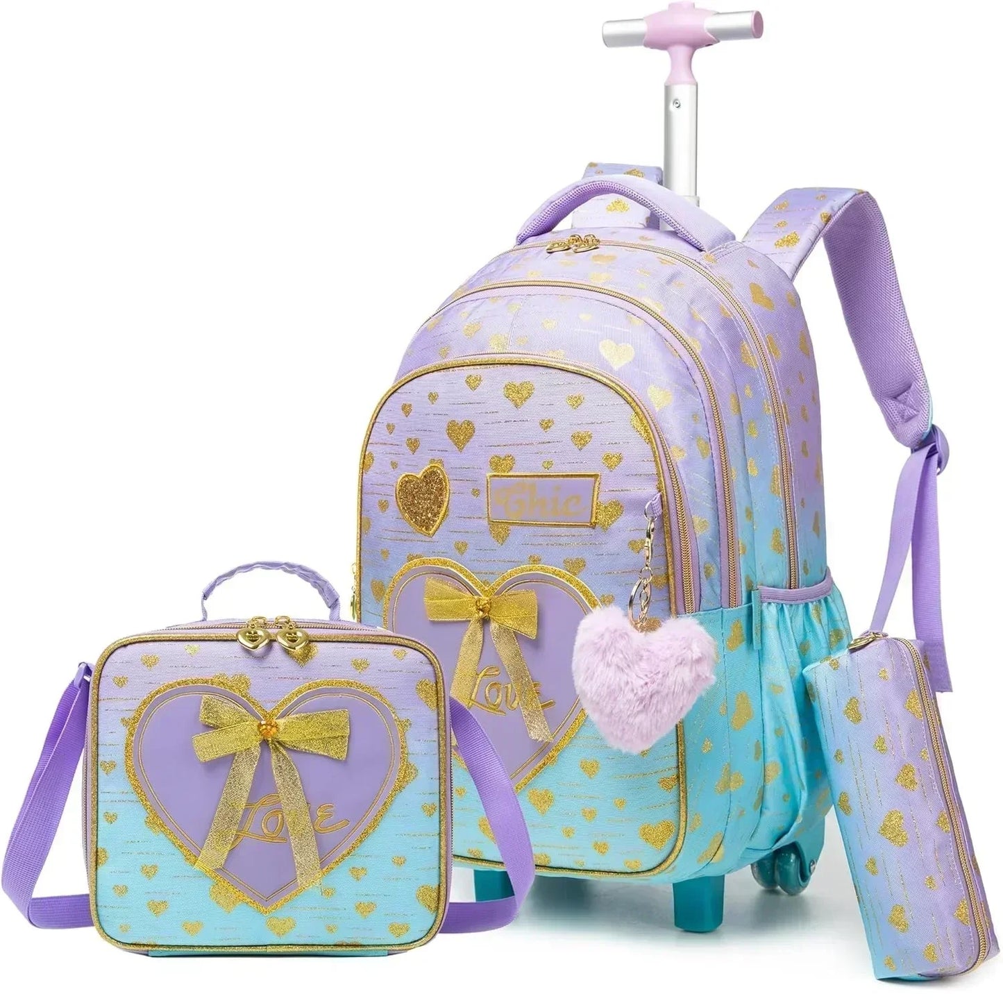 Children's Wheeled Backpack Bag Set with Lunch Box School Rolling Backpack Bag with Wheels School Trolley Backpack Bag for Girls