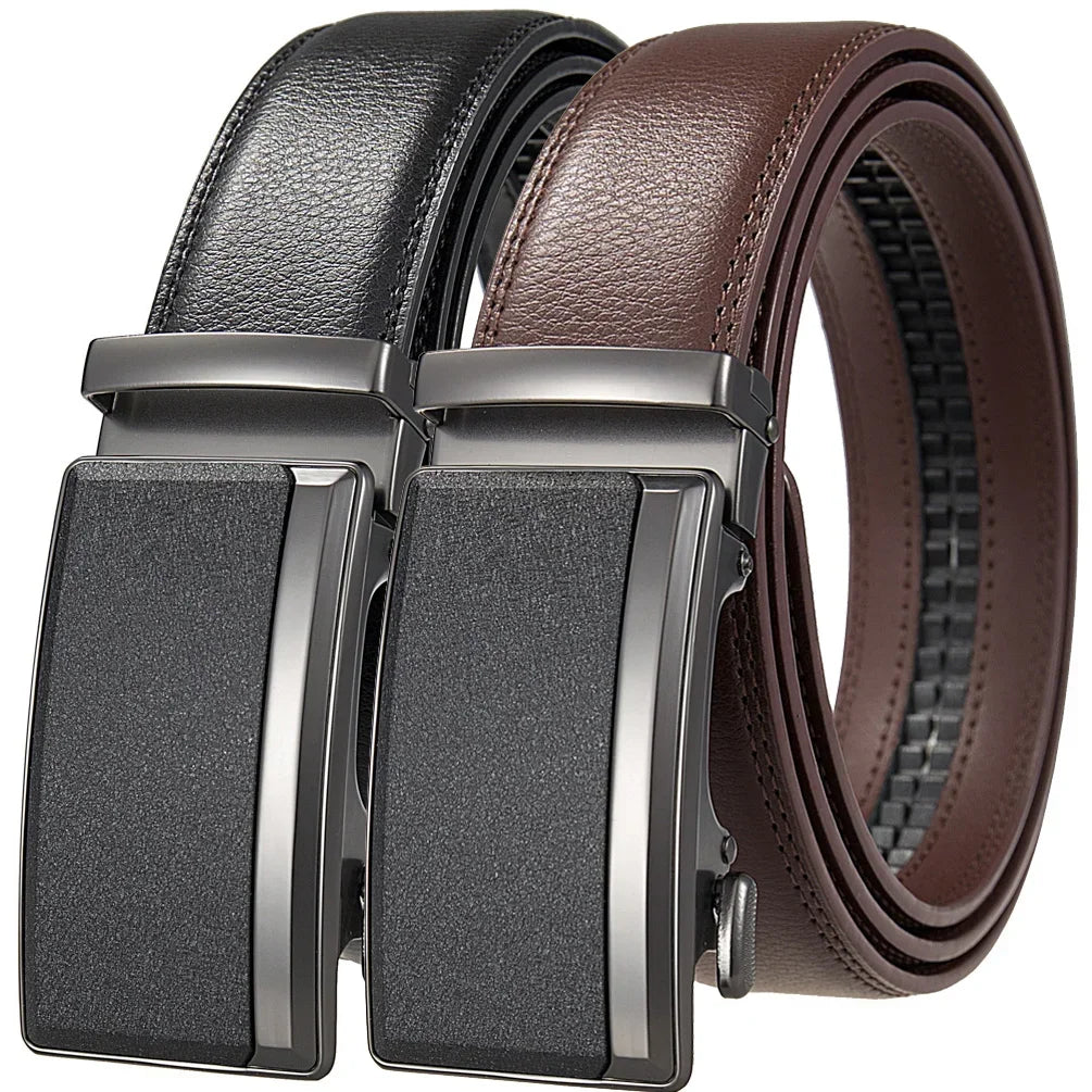 Male Cowskin Leather Belt - Automatic Buckle, Luxury Designer Style, 3.5cm, Black/Brown, Plus Size 130-170cm