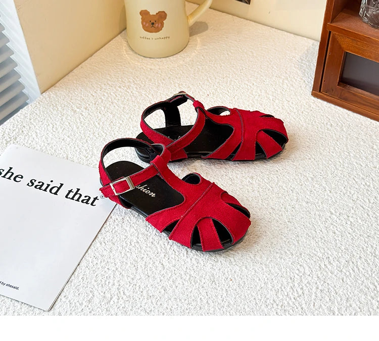 Kids Leather Cage Sandals for Girls 2025 Summer New Toddler Beach Shoes Non-slip Princess Elegant Retro Kid Garden Wedding Flats