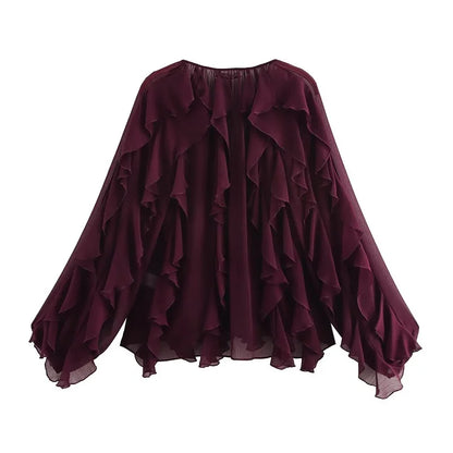 Ruffle Womens Blouses Semi Sheer Casual Blouses Woman Spring Fairy Shirts and Blouses for Lady Long Sleeve Tops Woman 2025