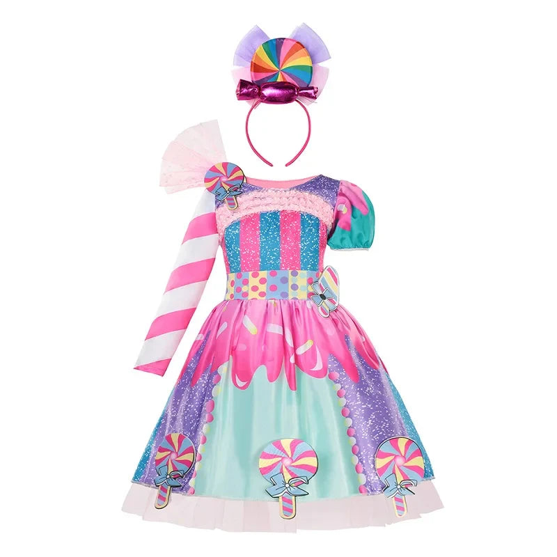 Girls Candy Fairy Lollipop Cosplay Costume Toddler Carnival Purim Rainbow Vestidos Girls Birthday Party Long Short Sleeves Dress
