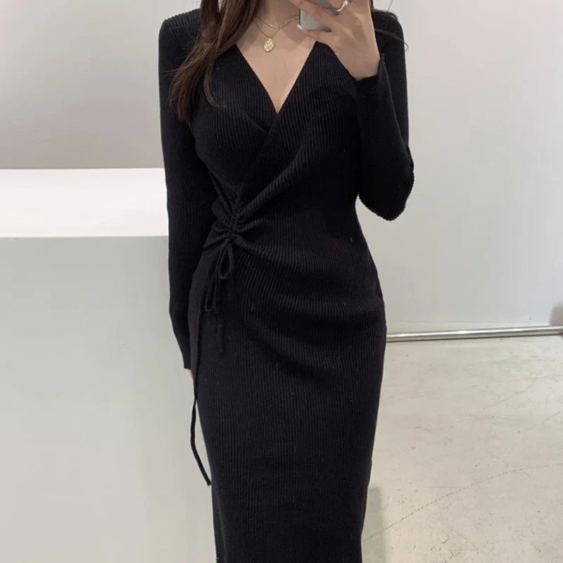 V-ne Knitted Wrap Waist Slimming Mid-length A-line Dr Women's Sweater Dr Korean Sle High Waist Long Sve