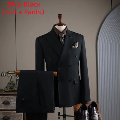 Terno Masculino de Alta Qualidade Formal Social Slim Fit Abotoamento Duplo Listrado Conjunto de Terno Noivo Casamento Roupa de Festa Smoking Roupa Masculina