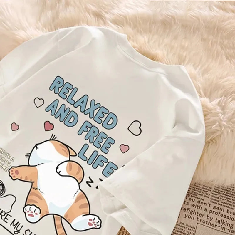 Cute Cartoon Lazy Cat Letter Print Summer Couple Short Sleeved T-shirt Loose Casual Women's Top
