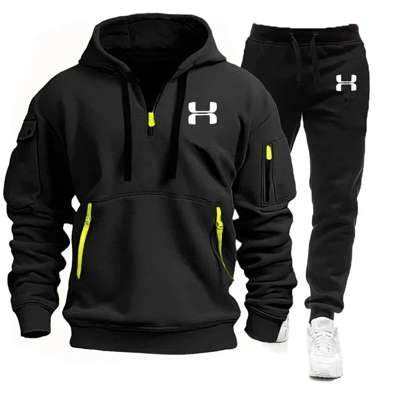 Men's autumn and winter new zipper long sleeved hooded sweatshirt, sports and casual pants, two-piece fitness jogging suit