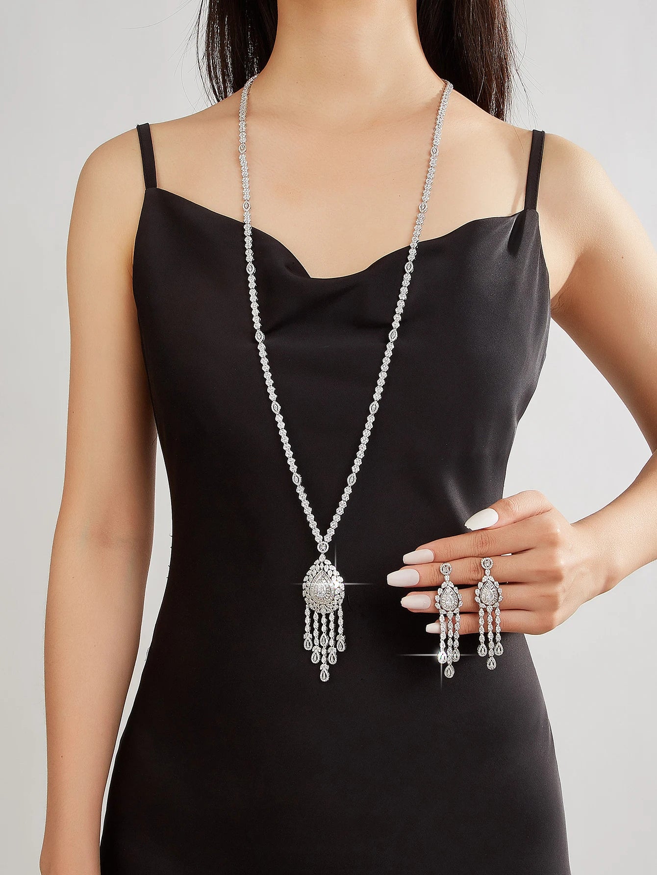 Luxury Geometric Water Drop Long Necklace Earrings Ring Sets For Women Cubic Zirconia CZ African Dubai Bridal Jewelry