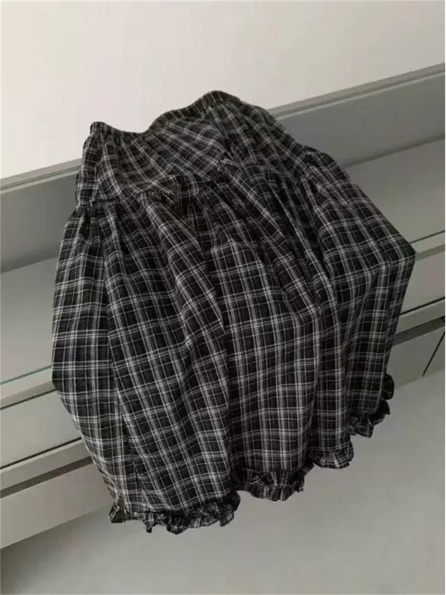 Retro Black Plaid High Waist A-Line Midi Skirt Women's Summer New Korean Fashion Maxi Skirt Lace Trim Umbrella Skirt Streetwear