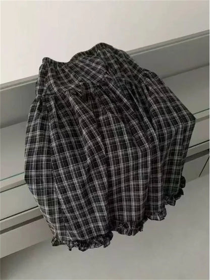 Retro Black Plaid High Waist A-Line Midi Skirt Women's Summer New Korean Fashion Maxi Skirt Lace Trim Umbrella Skirt Streetwear