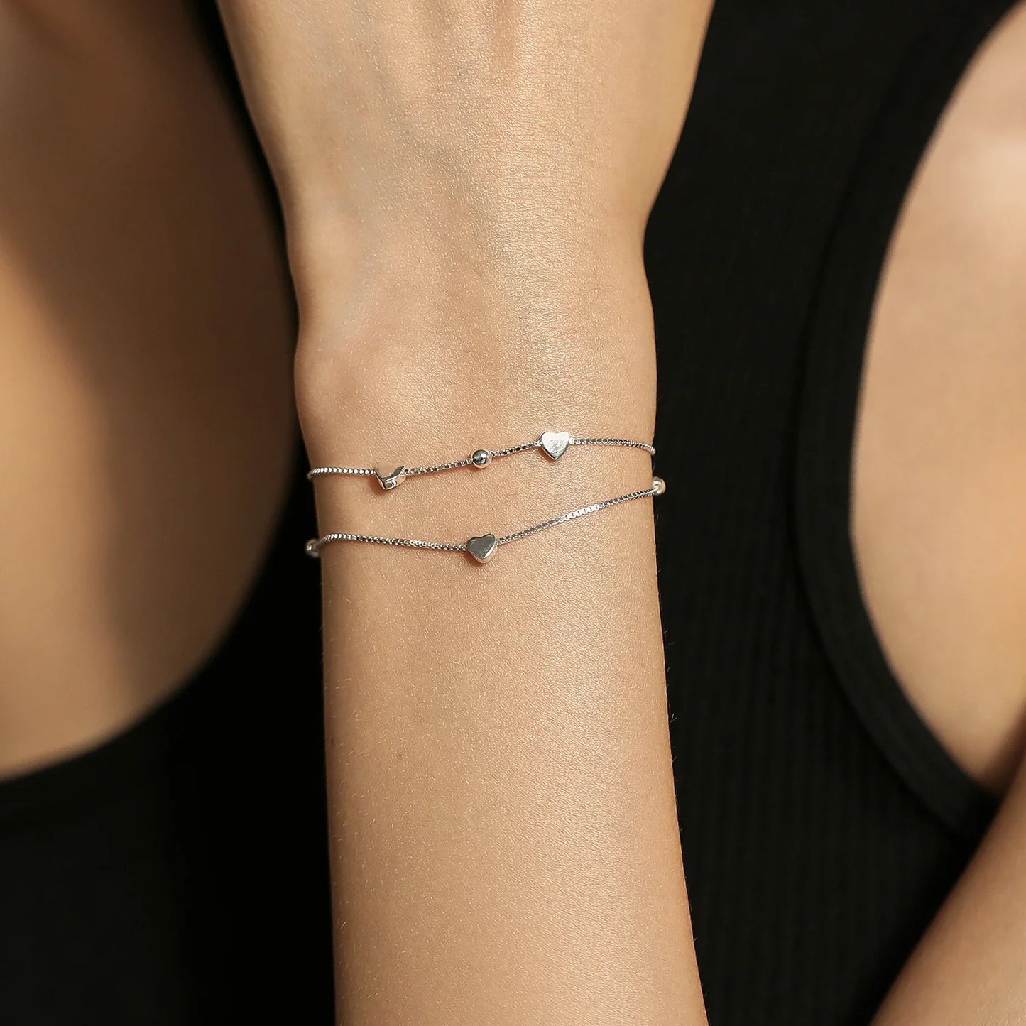 925 Sterling Silver Double Layer Hearts To Heart Bracelet Simple Adjustable Link Chain For Women Jewelry Christmas Gifts