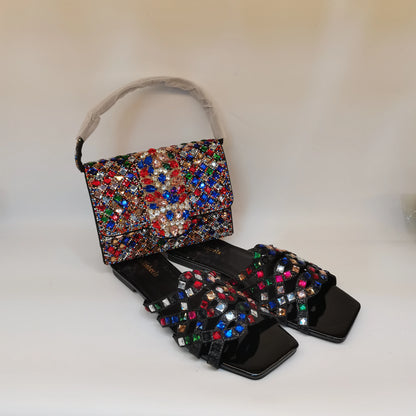 Pretty Soft Flat Shoes With Bag Set For Woman Fashion Style Rhinestone Party Slippers And Women Purse Latest Design