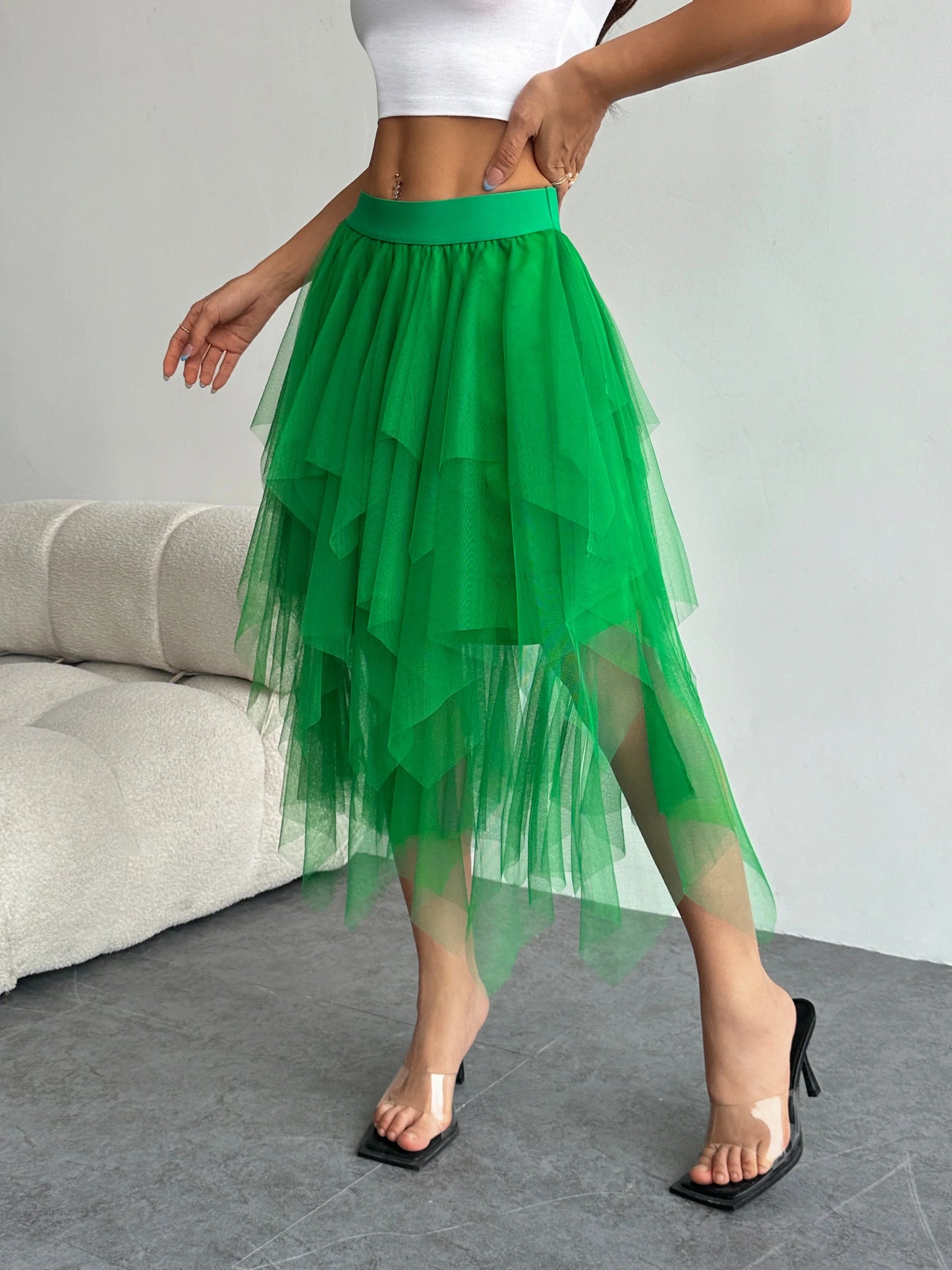 Ladies' high waisted elastic waist layered chiffon midi skirt with irregular asymmetric hem party casual mesh fairy ballet skirt