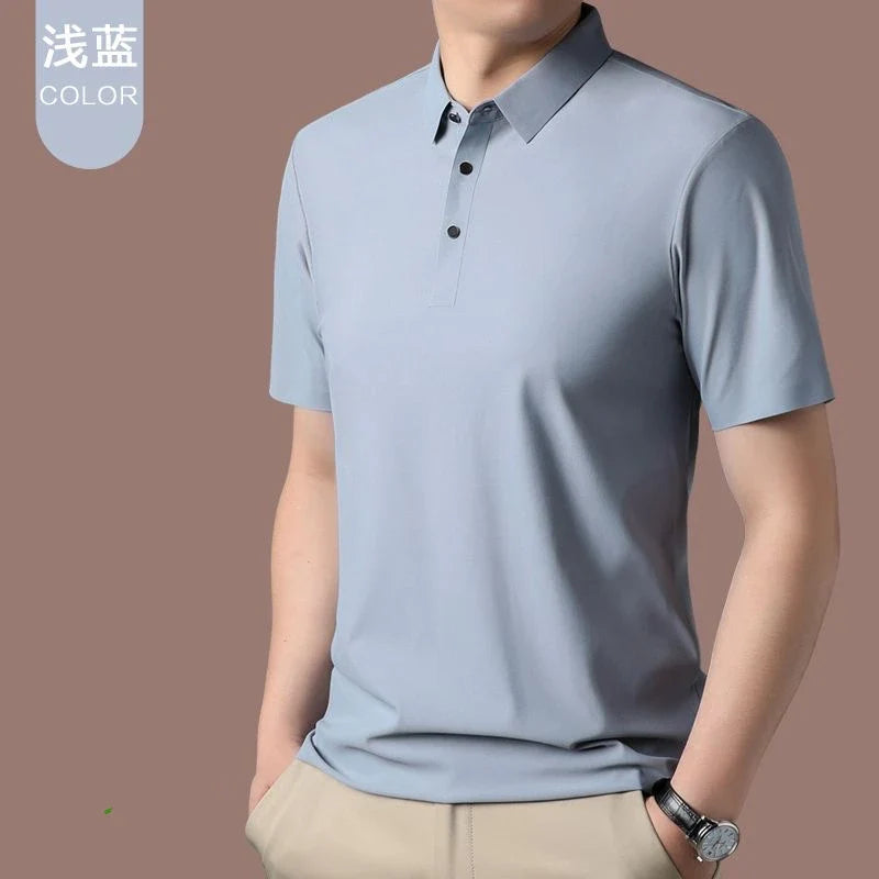 High quality wrinkle resistant ice silk short sleeve t-shirt men's summer Lapel loose casual solid color top high-end polo men