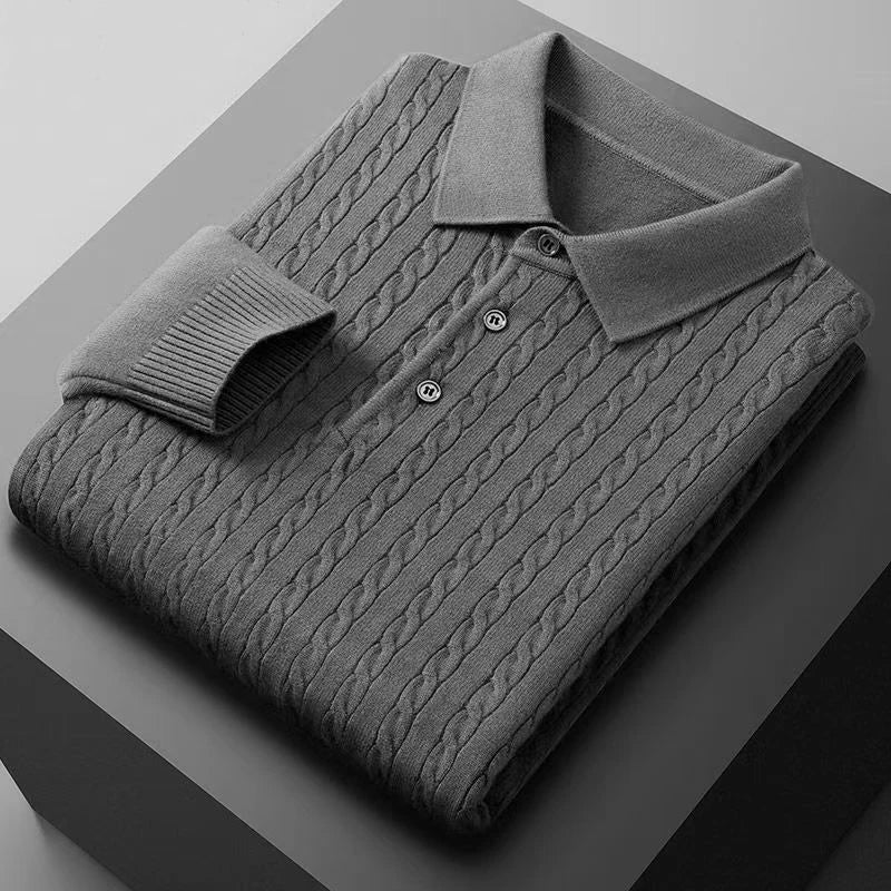 Men's Knitted Polo Shirts Button Cable Pullover Sweater V-neck Long Sleeve Outerwear Warm Heavyweight Solid Jumper
