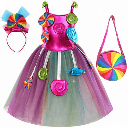 New Sweet Lollipop Candy Girl Dress Carnival Party Little Kids Birthday Costume Fancy Rainbow Tutu Children Wedding Clothes